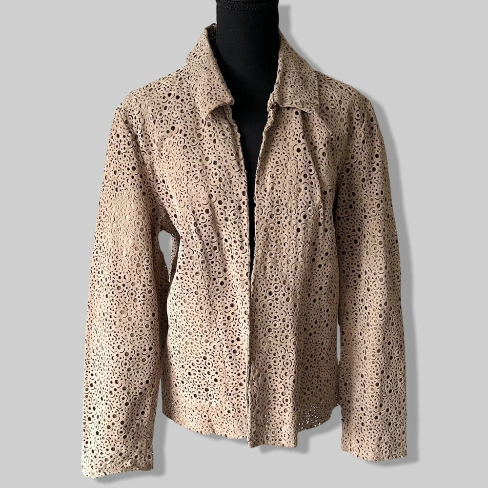 Chico's Tan Genuine Leather Laser Cutout Long Sleeve Open Front Jacket